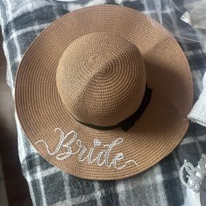 Bride Embroidered Straw Sun Hat - Tan with Black Band